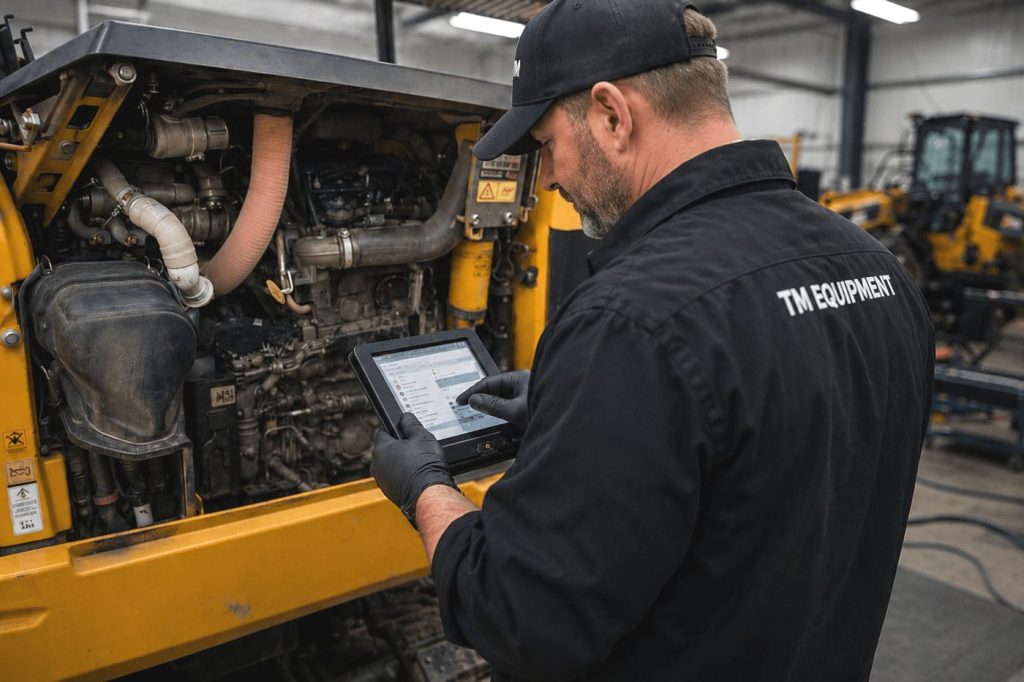 TM Equipment technician inspecting a machine before sale